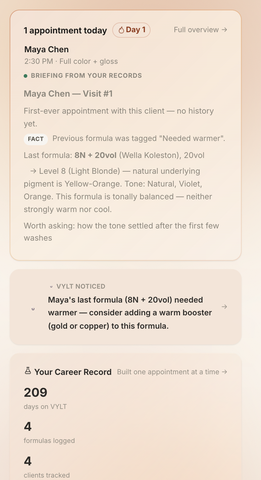 VYLT's Today screen: an appointment briefing pulled from Maya Chen's real history, a VYLT Noticed banner suggesting a formula adjustment after her last color needed warmer, and a running Career Record.